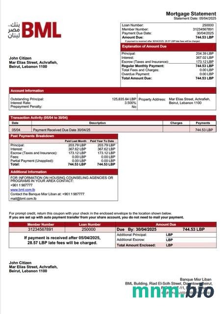 Liban Banque Misr Liban wyciąg z kredytu hipotecznego szablon Word i PDF